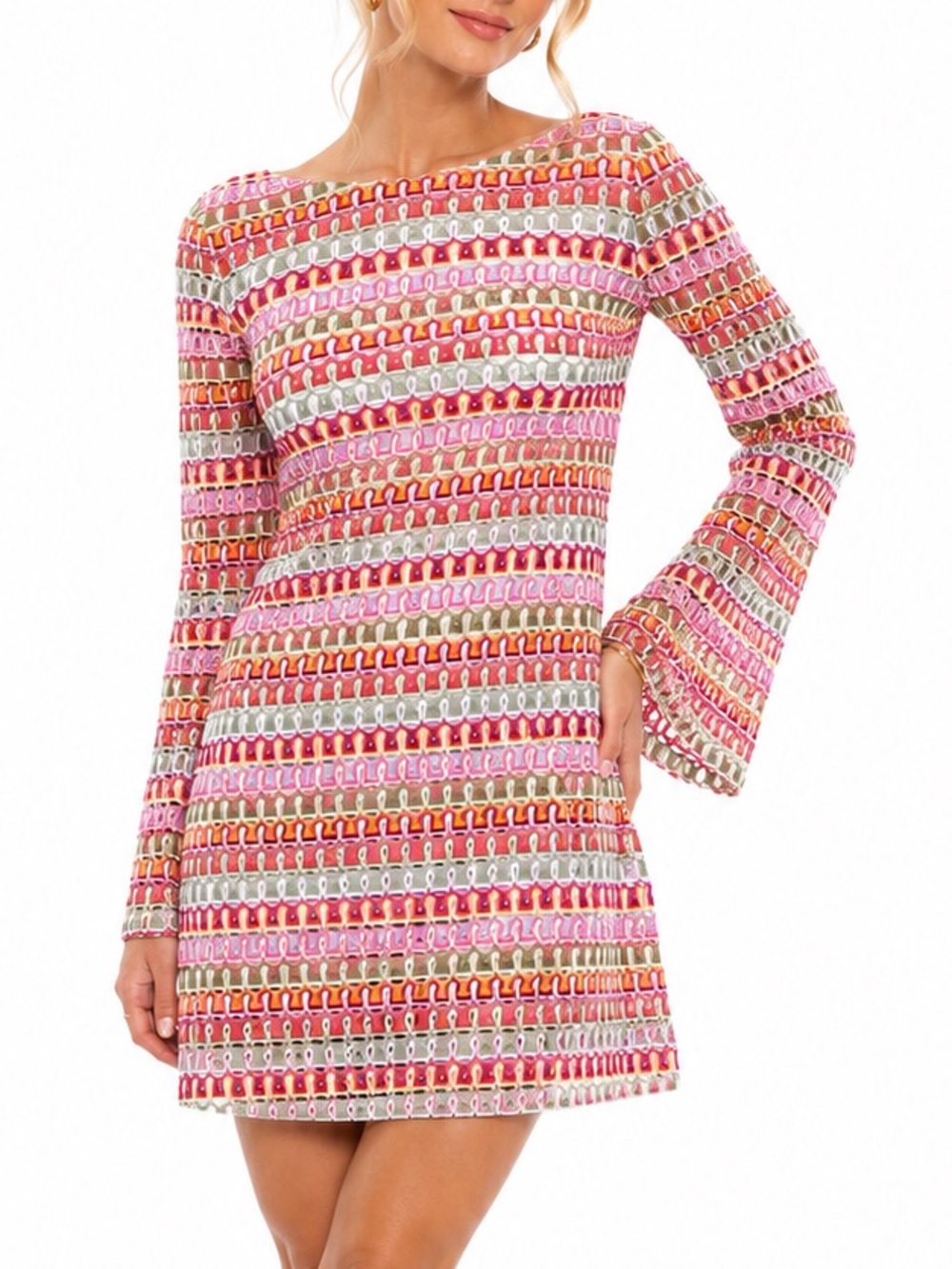 Hill House Nathalie Multicolor Crochet Knit Open Back Bell Sleeve Mini Dress S